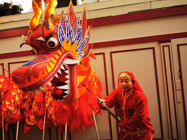 Chinese Dragon dancer dressed in traditional costume holds a dragon head on a pole.